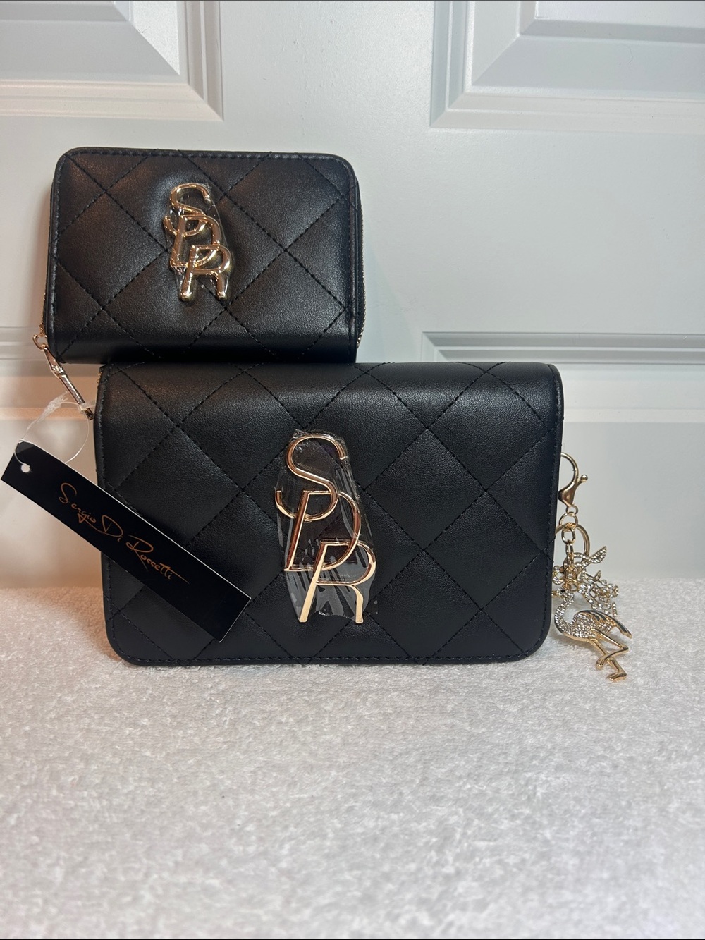Sergio Di Roccetti Black Quilted Crossbody Wallet Set